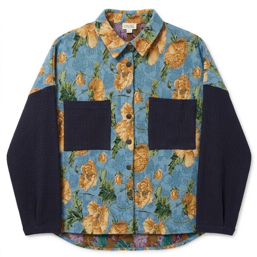 Brand New Floral Tapestry & Waffle Knit Mixed Media Shacket Size M